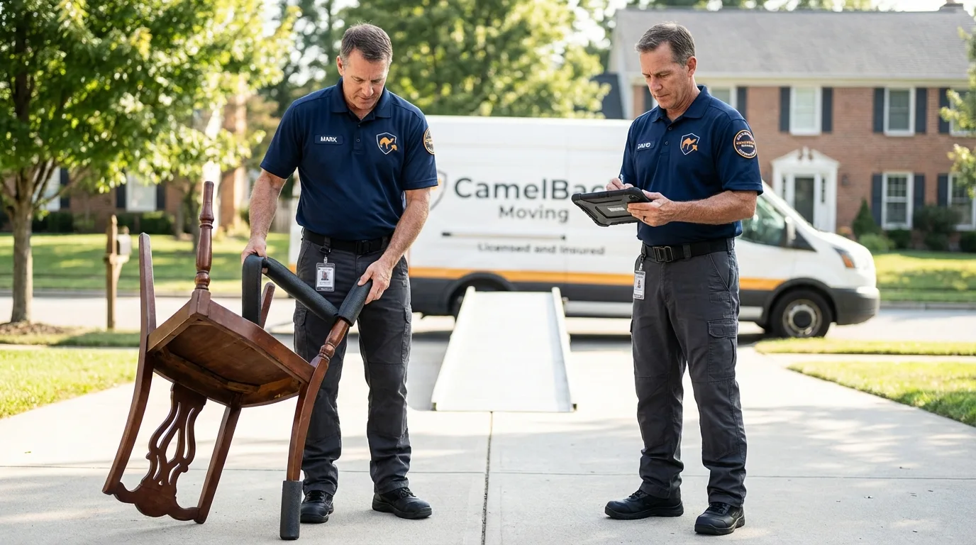 Movers inspecting furniture for damage prevention before loading in Burney, CA