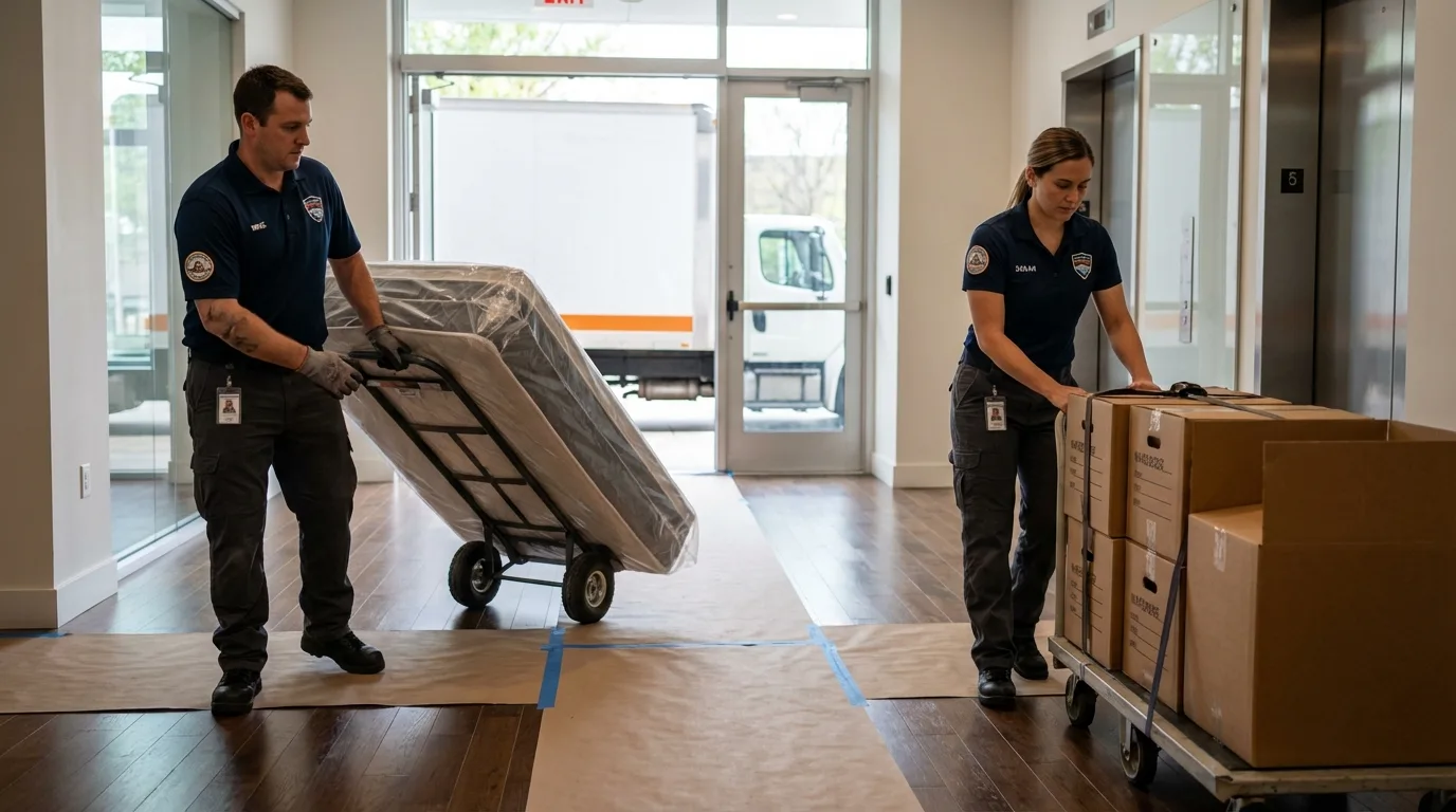 Professional apartment movers loading elevator in Burney, CA